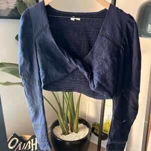 Tularosa Navy Blue Tinsley Crop Long Sleeve Smocked Eyelet